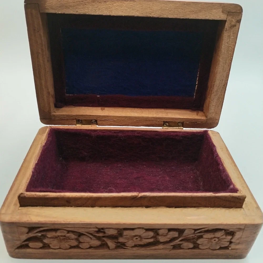Vintage Hand Carved Indian‎ Wood Jewelry Box Inlay Floral Trinket Boho 6